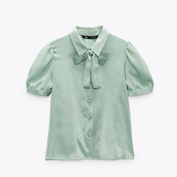 ZARA Satin Blouse With Rhinestone Buttons - Picture 3 of 7